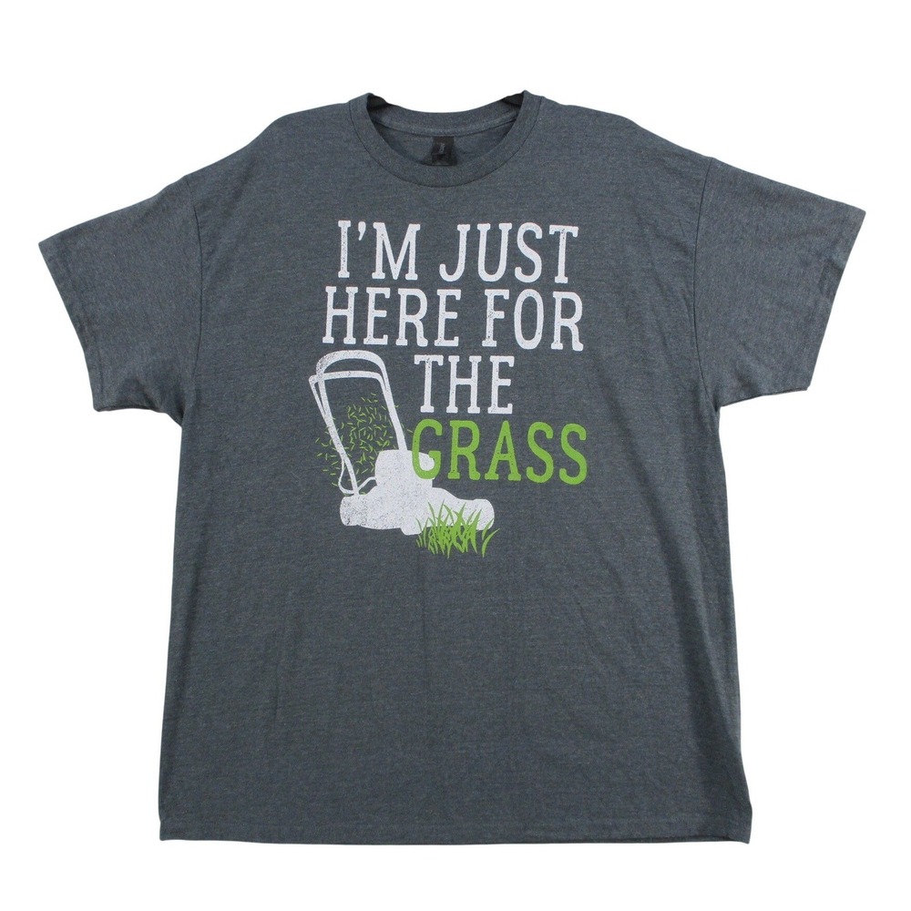 Gildan Mens XL Gray Im Just Here For The Grass Lawn Mower Graphic T-Shirt